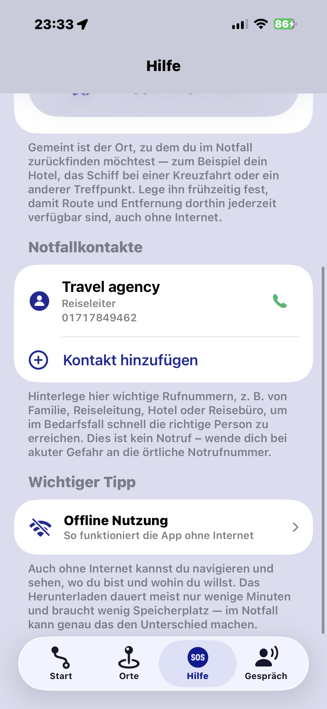 Offlinekarten und Notfallkontakte in Navigate Back