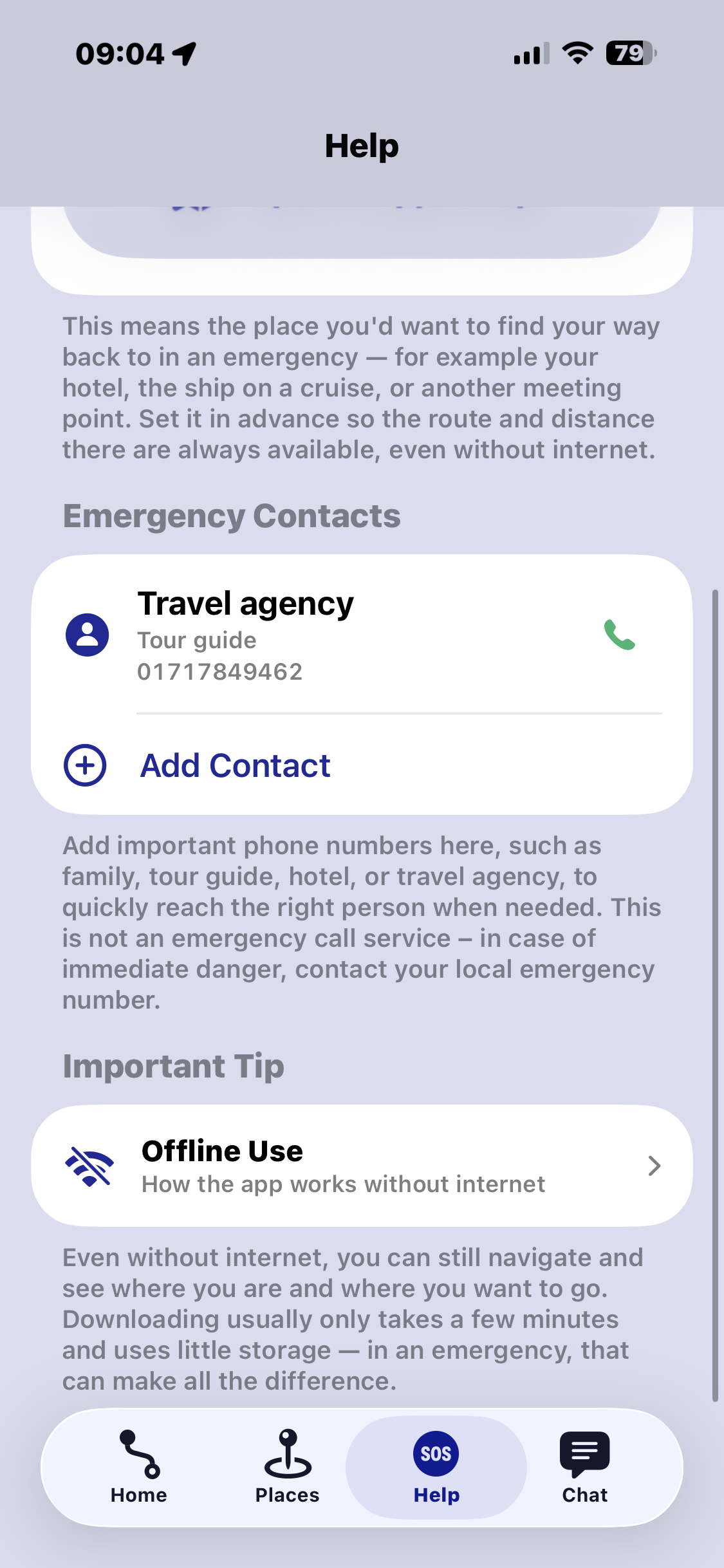 Offline maps and emergency contacts in Navigate Back
