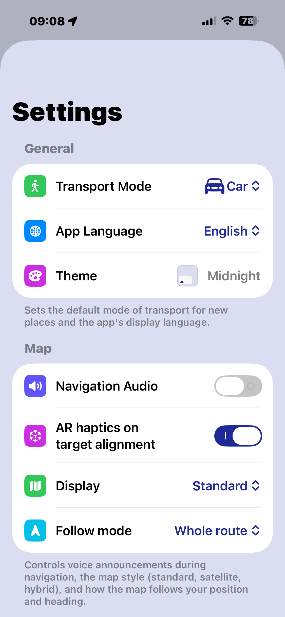 Settings in Navigate Back